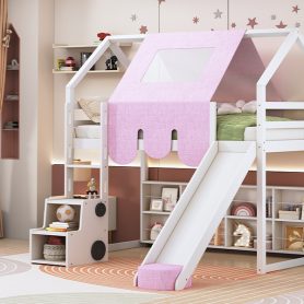 Twin Size Wooden Loft Bed House-Shaped Frame With A Tent