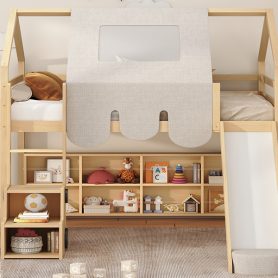 Full Size Wooden Loft Bed House-Shaped Frame With A Tent