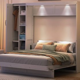 Queen Size Murphy Bed with Shelves, Drawers and LED Lights