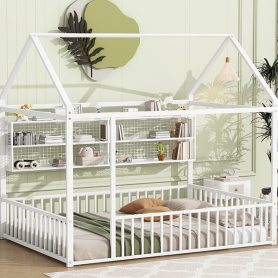 Full Size Metal Bed House Bed Frame With Fence And Shelves