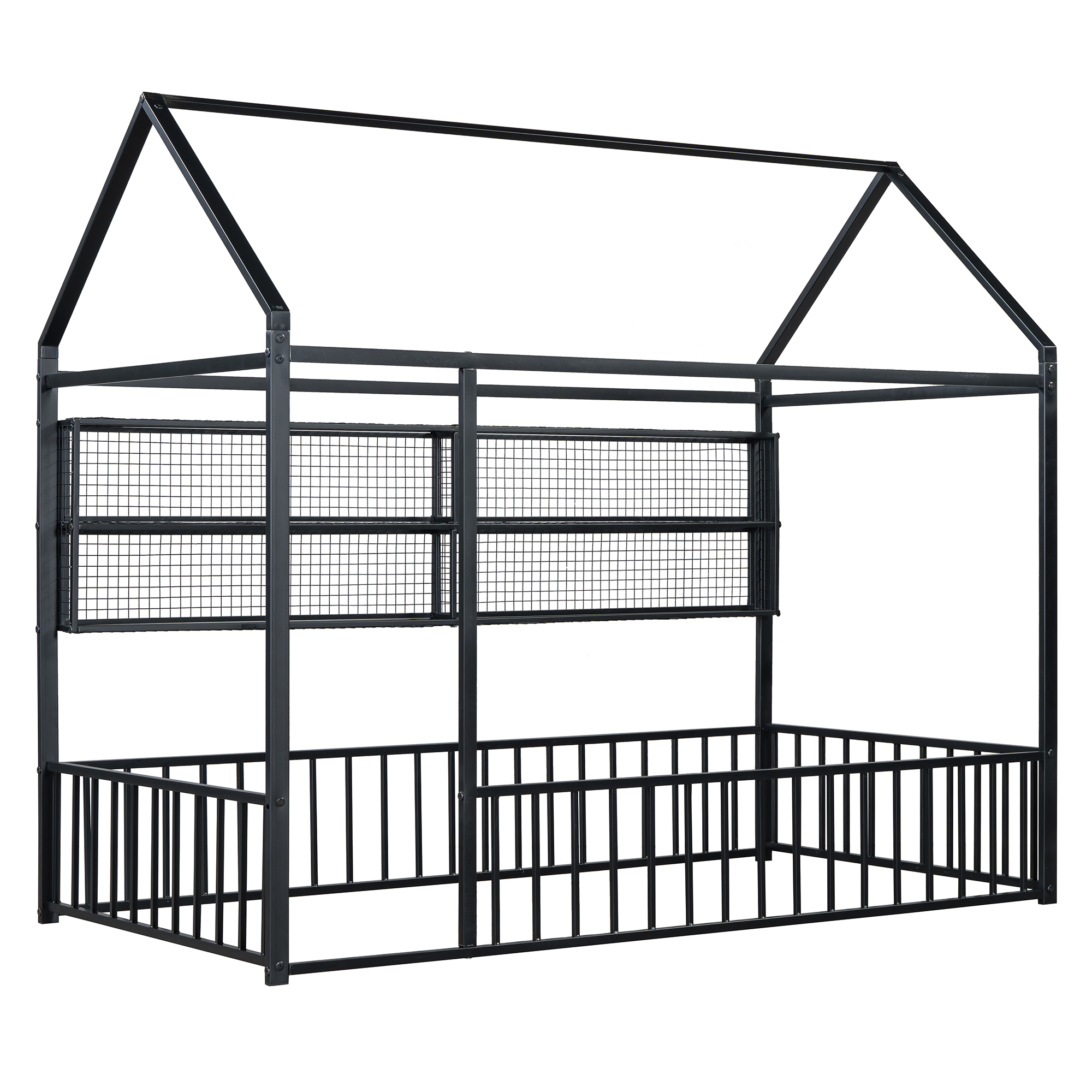 Twin Size Metal Bed House Bed Frame with Fence and Shelves 12 Twin Size Metal Bed House Bed Frame with Fence and Shelves