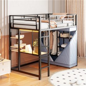 Twin Size Loft Metal Bed with Desk,Shelves,Power Outlet,LED Light and Wardrobe