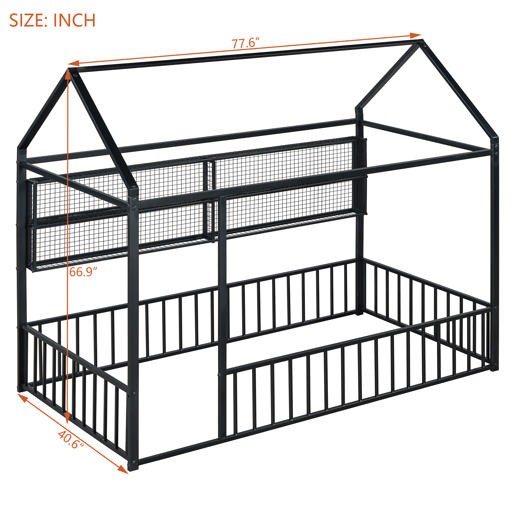 Twin Size Metal Bed House Bed Frame with Fence and Shelves 7 Twin Size Metal Bed House Bed Frame with Fence and Shelves