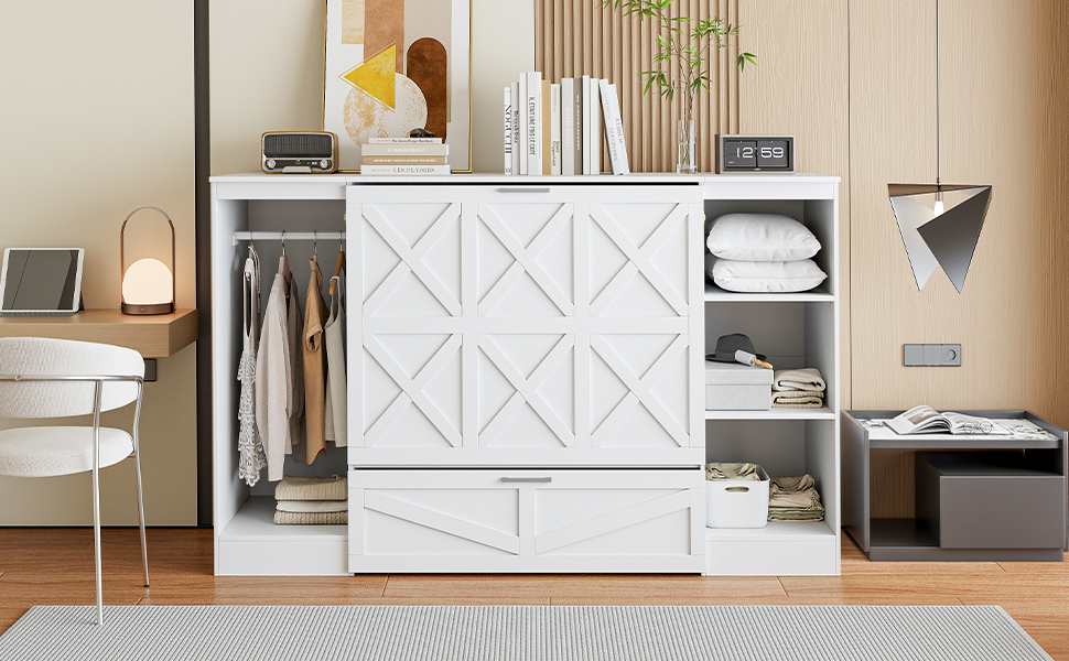 Twin Size Murphy Bed with Bedside Shelves and Wardrobe