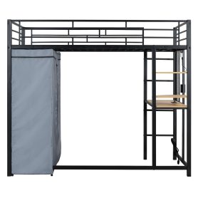 Twin Size Loft Metal Bed with Desk,Shelves,Power Outlet,LED Light and Wardrobe