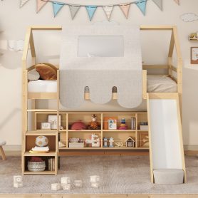 Full Size Wooden Loft Bed House-Shaped Frame With A Tent
