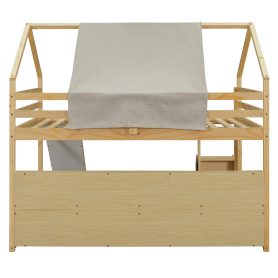 Full Size Wooden Loft Bed House-Shaped Frame With A Tent