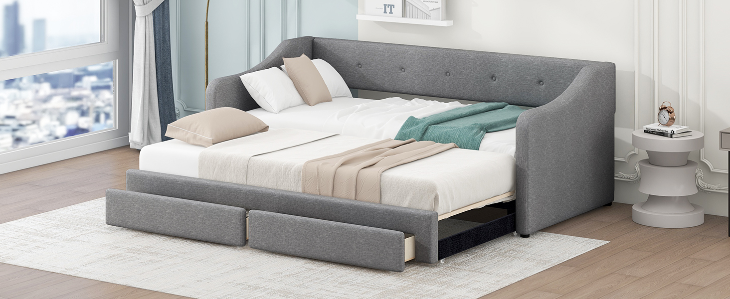 Twin XL to King Size Upholstered Daybed with Two Drawers 9 Twin XL to King Size Upholstered Daybed with Two Drawers