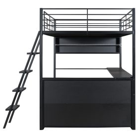 Full Size Metal Loft Bed with LED, Desk and 4 Storage Shelves
