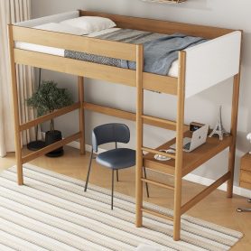 Rubber Wooden Twin Size Loft Bed With Desk, Ladder, Safety Guardrails, Teddy Fleece Fabric Headboard/Footboard