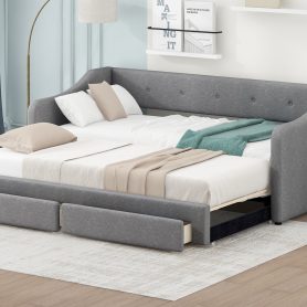 Twin XL to King Size Upholstered Daybed with Two Drawers 30 Twin XL to King Size Upholstered Daybed with Two Drawers