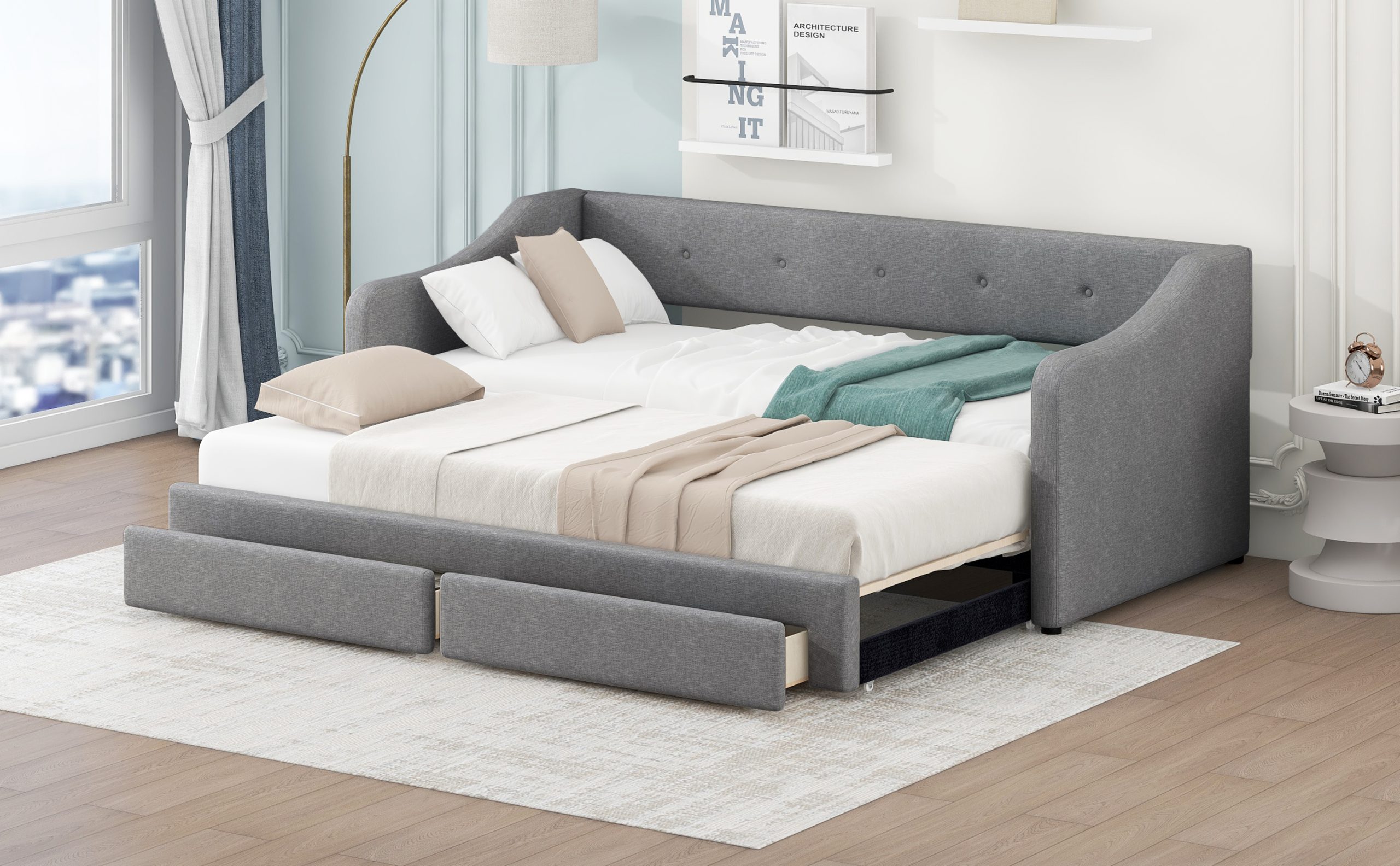 Twin XL to King Size Upholstered Daybed with Two Drawers 11 Twin XL to King Size Upholstered Daybed with Two Drawers