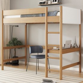 Rubber Wooden Twin Size Loft Bed With Desk, Ladder, Safety Guardrails, Teddy Fleece Fabric Headboard/Footboard