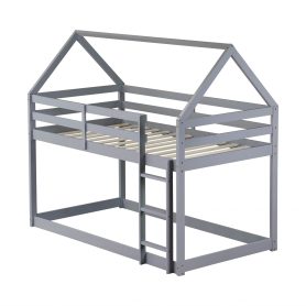 House-Shaped Twin over Twin Rubber Wood Floor Bunk Bed with ladder and Guardrails