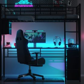 Twin Size Metal Loft Bed with LED, Desk and 4 Storage Shelves