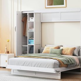 Queen Size Murphy Bed with Shelves, Drawers and LED Lights