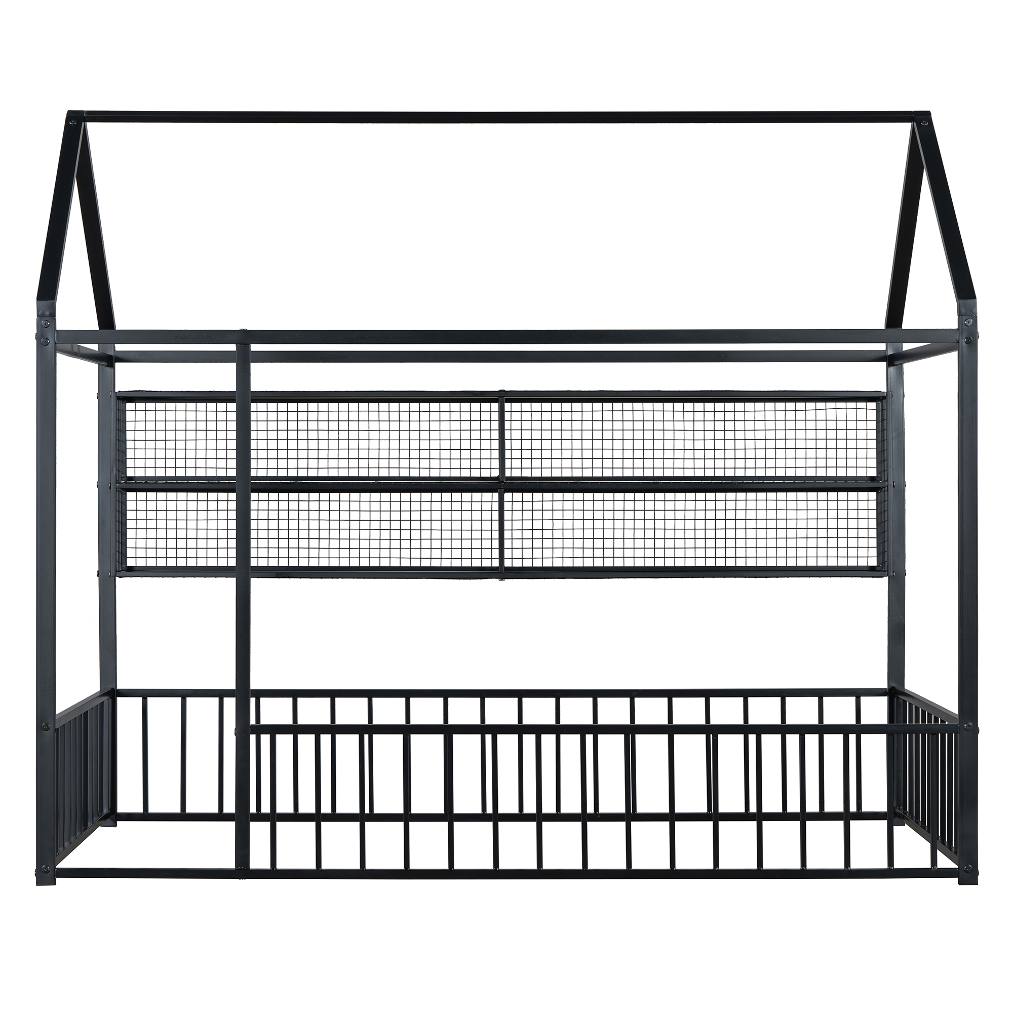 Twin Size Metal Bed House Bed Frame with Fence and Shelves 5 Twin Size Metal Bed House Bed Frame with Fence and Shelves