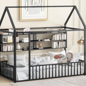 Twin Size Metal Bed House Bed Frame with Fence and Shelves 29 Twin Size Metal Bed House Bed Frame with Fence and Shelves