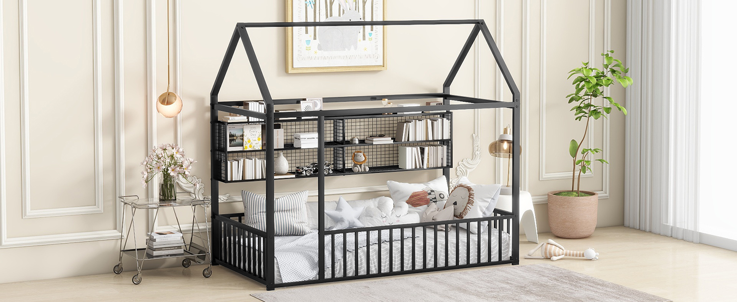 Twin Size Metal Bed House Bed Frame with Fence and Shelves 16 Twin Size Metal Bed House Bed Frame with Fence and Shelves