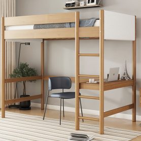 Rubber Wooden Twin Size Loft Bed With Desk, Ladder, Safety Guardrails, Teddy Fleece Fabric Headboard/Footboard