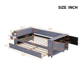 Twin Upholstered Bed with Storage and Twin Trundle, USB Charging Ports, French Velvet