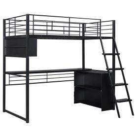 Twin Size Metal Loft Bed with LED, Desk and 4 Storage Shelves