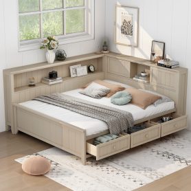 Full Size Wood Daybed with Storage Shelves and 3 Drawers