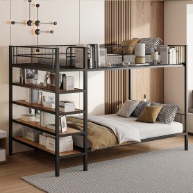 Twin Over Full Metal Bunk Bed with 5-Tier Shelves