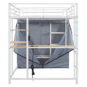 Full Size Loft Metal Bed with Desk, Shelves, Power Outlet, LED Light and Wardrobe