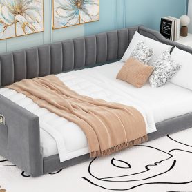 Full Xl Size Upholstery Daybed with Side Storage Pocket