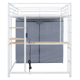 Full Size Loft Metal Bed with Desk, Shelves, Power Outlet, LED Light and Wardrobe