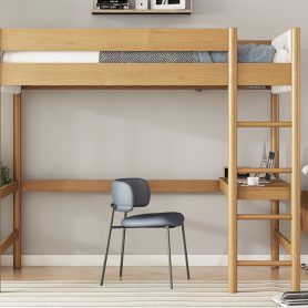 Rubber Wooden Twin Size Loft Bed With Desk, Ladder, Safety Guardrails, Teddy Fleece Fabric Headboard/Footboard