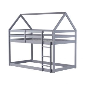House-Shaped Twin over Twin Rubber Wood Floor Bunk Bed with ladder and Guardrails