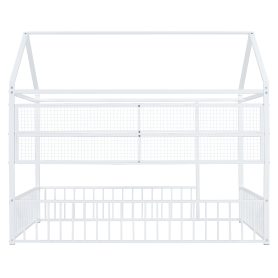 Full Size Metal Bed House Bed Frame With Fence And Shelves