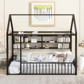 Twin Size Metal Bed House Bed Frame with Fence and Shelves