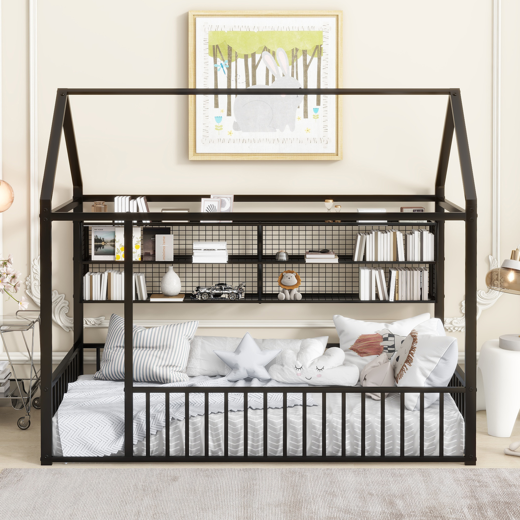 Twin Size Metal Bed House Bed Frame with Fence and Shelves 4 Twin Size Metal Bed House Bed Frame with Fence and Shelves