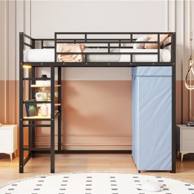 Twin Size Loft Metal Bed with Desk,Shelves,Power Outlet,LED Light and Wardrobe