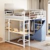 Full Size Loft Metal Bed with Desk, Shelves, Power Outlet, LED Light and Wardrobe