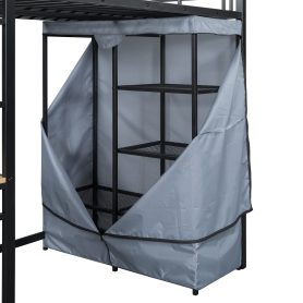 Twin Size Loft Metal Bed with Desk,Shelves,Power Outlet,LED Light and Wardrobe