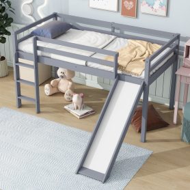 Rubber Wood Twin Low Loft Bed With Slide, Ladder and Safety Guardrails