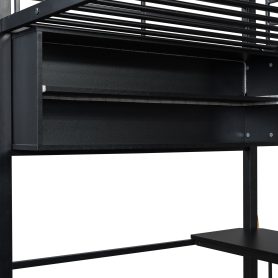 Twin Size Metal Loft Bed with LED, Desk and 4 Storage Shelves