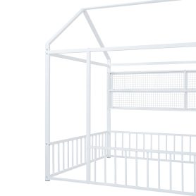 Full Size Metal Bed House Bed Frame With Fence And Shelves