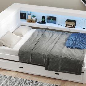 Full Size Wood Daybed with Storage Shelves, USB, LED, and Trundle