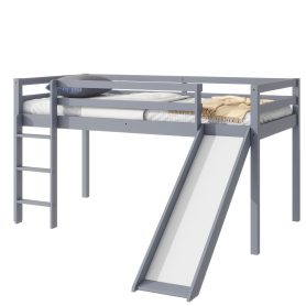 Rubber Wood Twin Low Loft Bed With Slide, Ladder and Safety Guardrails