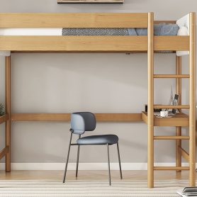 Rubber Wooden Twin Size Loft Bed With Desk, Ladder, Safety Guardrails, Teddy Fleece Fabric Headboard/Footboard