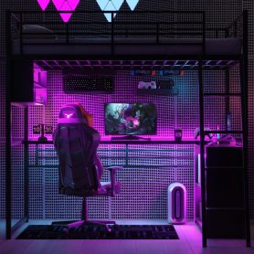 Full Size Metal Loft Bed with LED, Desk and 4 Storage Shelves