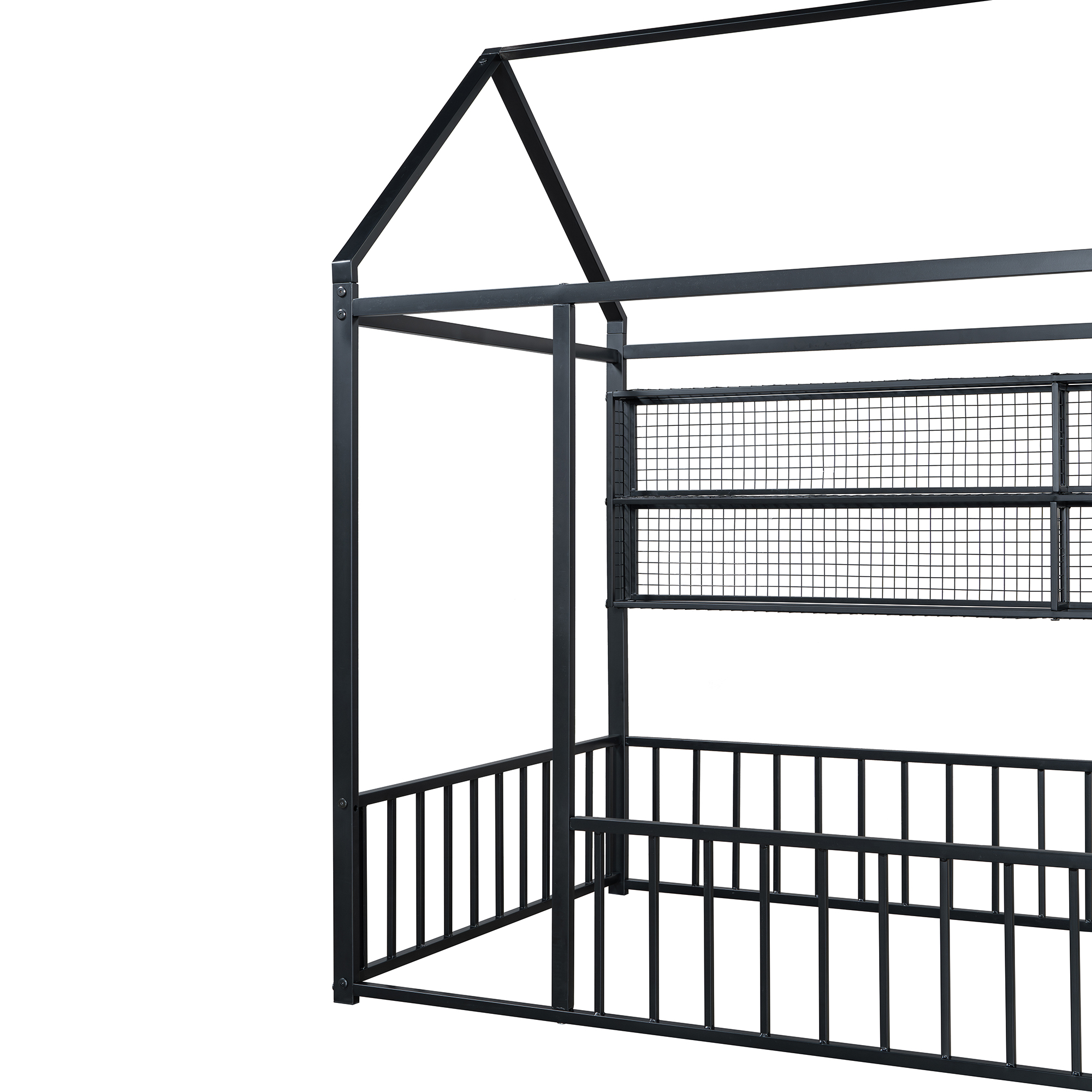 Twin Size Metal Bed House Bed Frame with Fence and Shelves 14 Twin Size Metal Bed House Bed Frame with Fence and Shelves