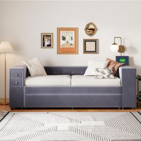 Twin Upholstered Bed with Storage and Twin Trundle, USB Charging Ports, French Velvet