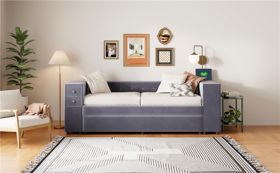 Twin Upholstered Bed with Storage and Twin Trundle, USB Charging Ports, French Velvet