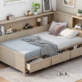 Twin Size Wood Daybed with Storage Shelves and 3 Drawers
